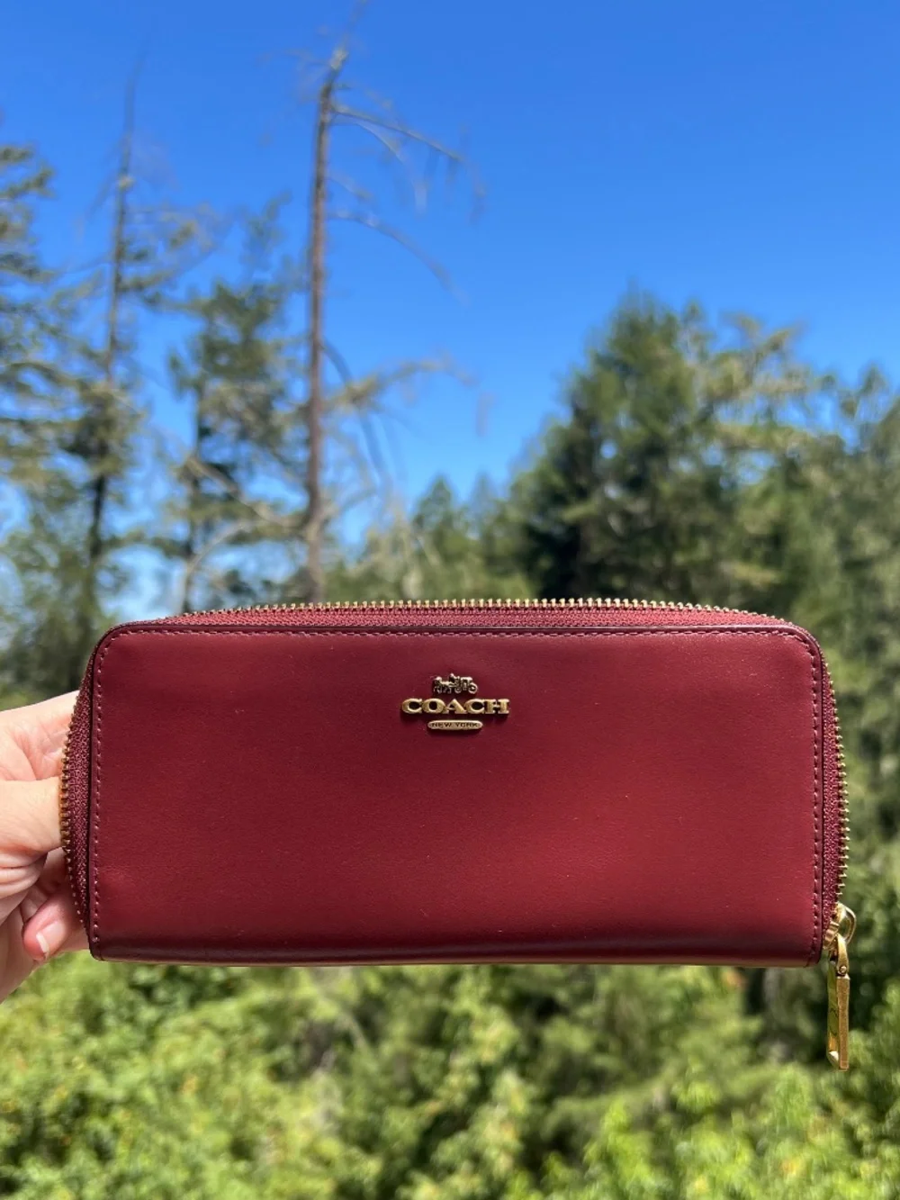 COACH Long Zip-Around Burgundy Smooth Leather Wallet Gold Hardware AUTHENTIC
